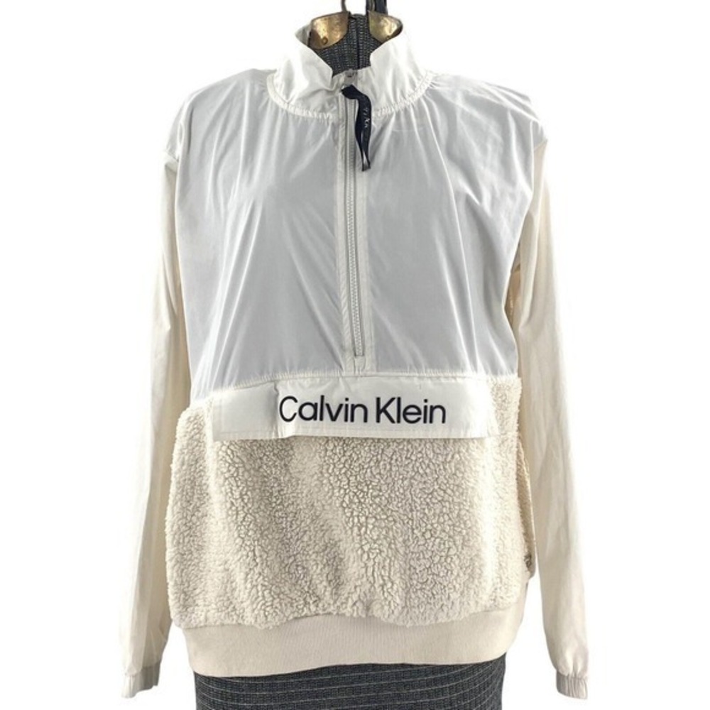 Calvin Klein Women's Fleece Jacket Windbreaker Half Zip Mock Neck Pockets Large‎